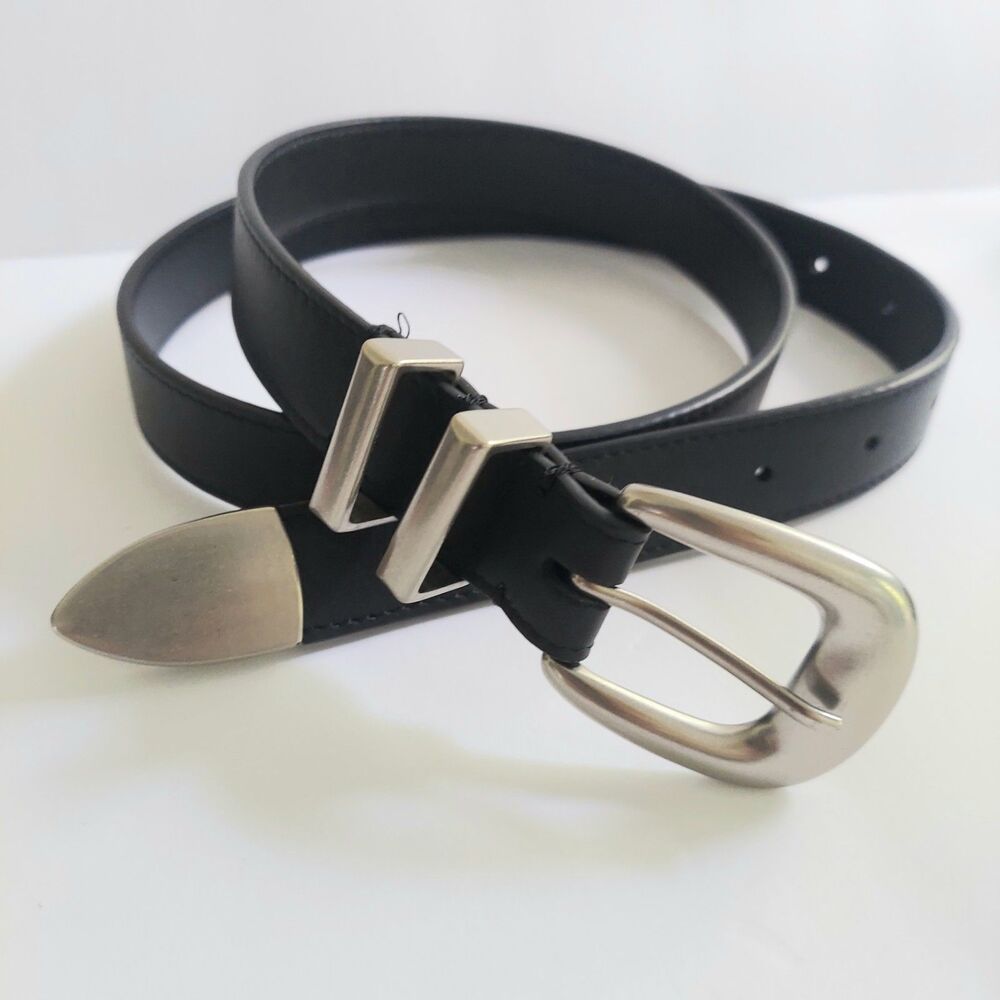 Mens Black Belt Size 30 Nickel Silver Tone Buckle Western Preppy
